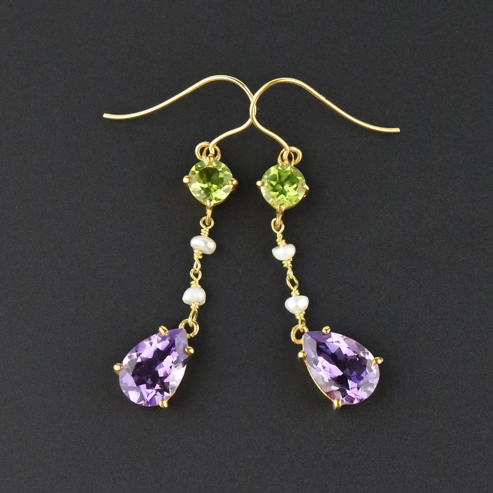 Suffragette Peridot Amethyst Pearl Gold Dangle Earrings