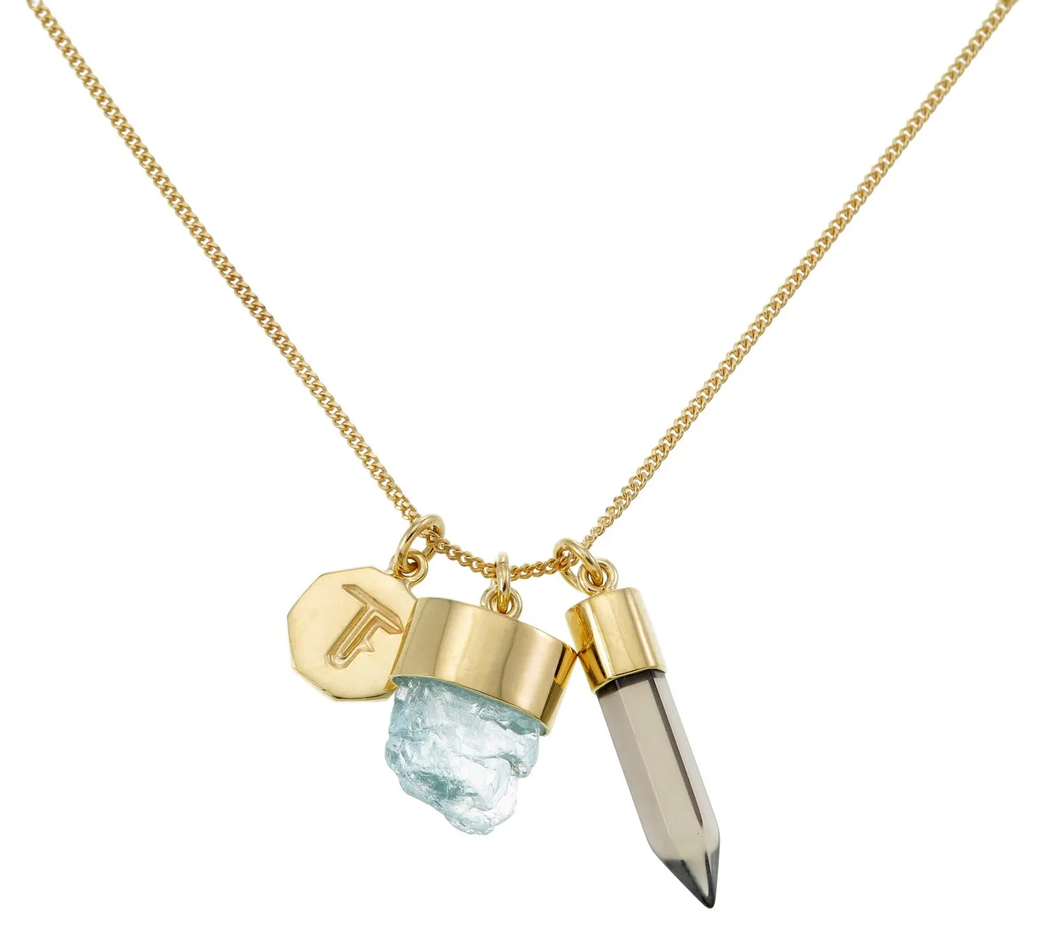 SUPERPOWER CHARM NECKLACE - AQUAMARINE WITH SMOKY QUARTZ - GOLD