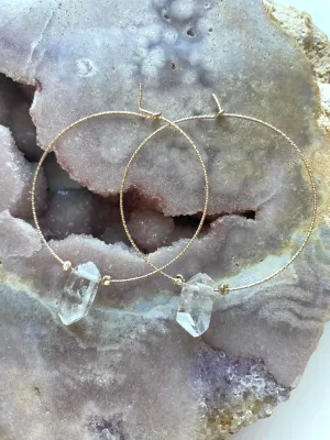 Thin Single Clear Quartz Boho Hoop Earrings