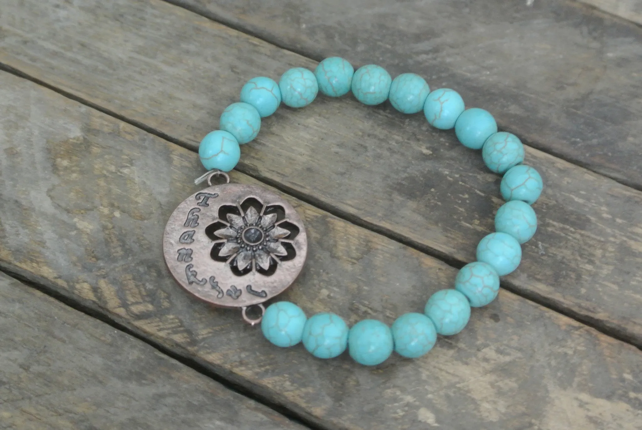 Turquoise beaded bracelet with Copper toned Thankful Charm