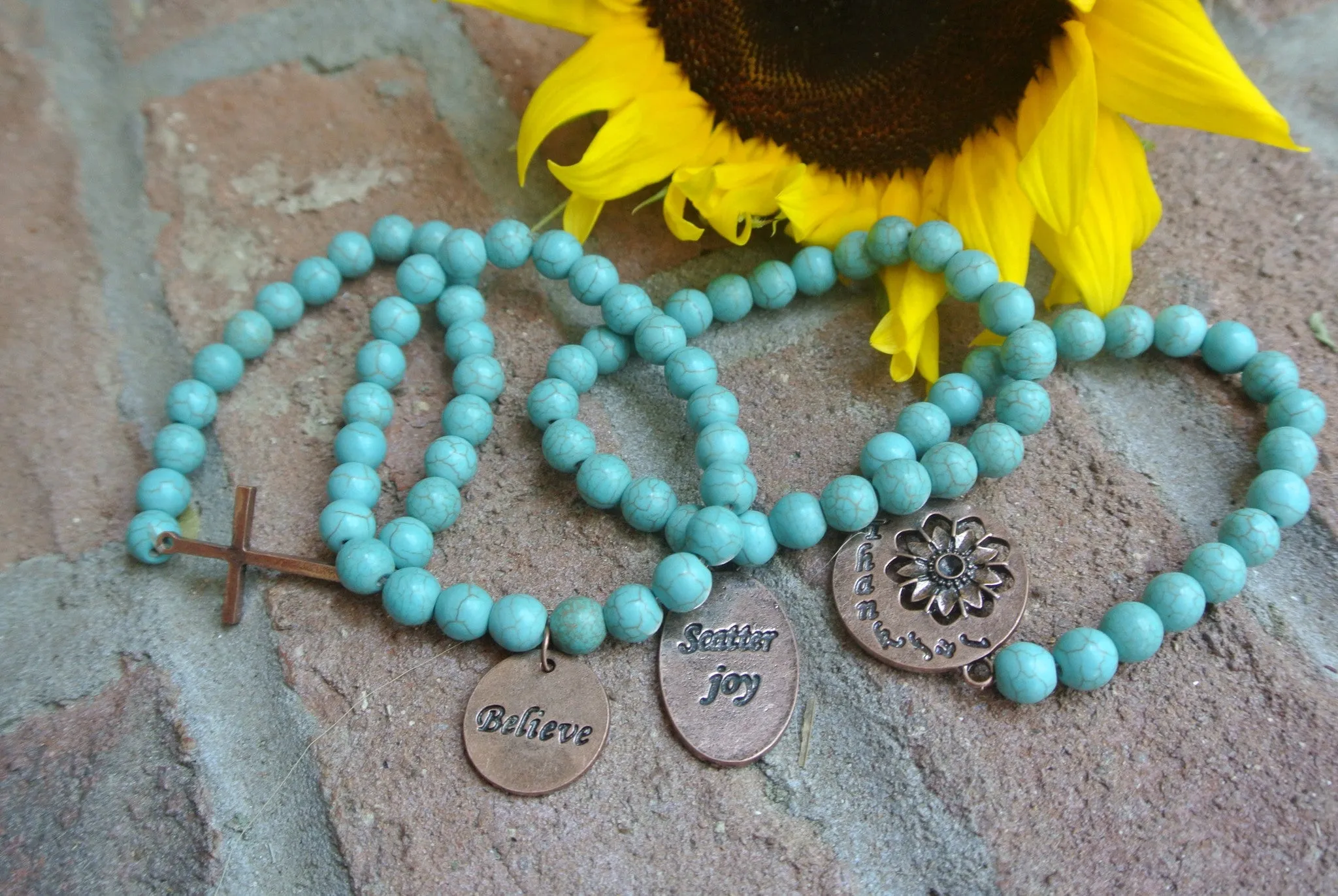 Turquoise beaded bracelet with Copper toned Thankful Charm