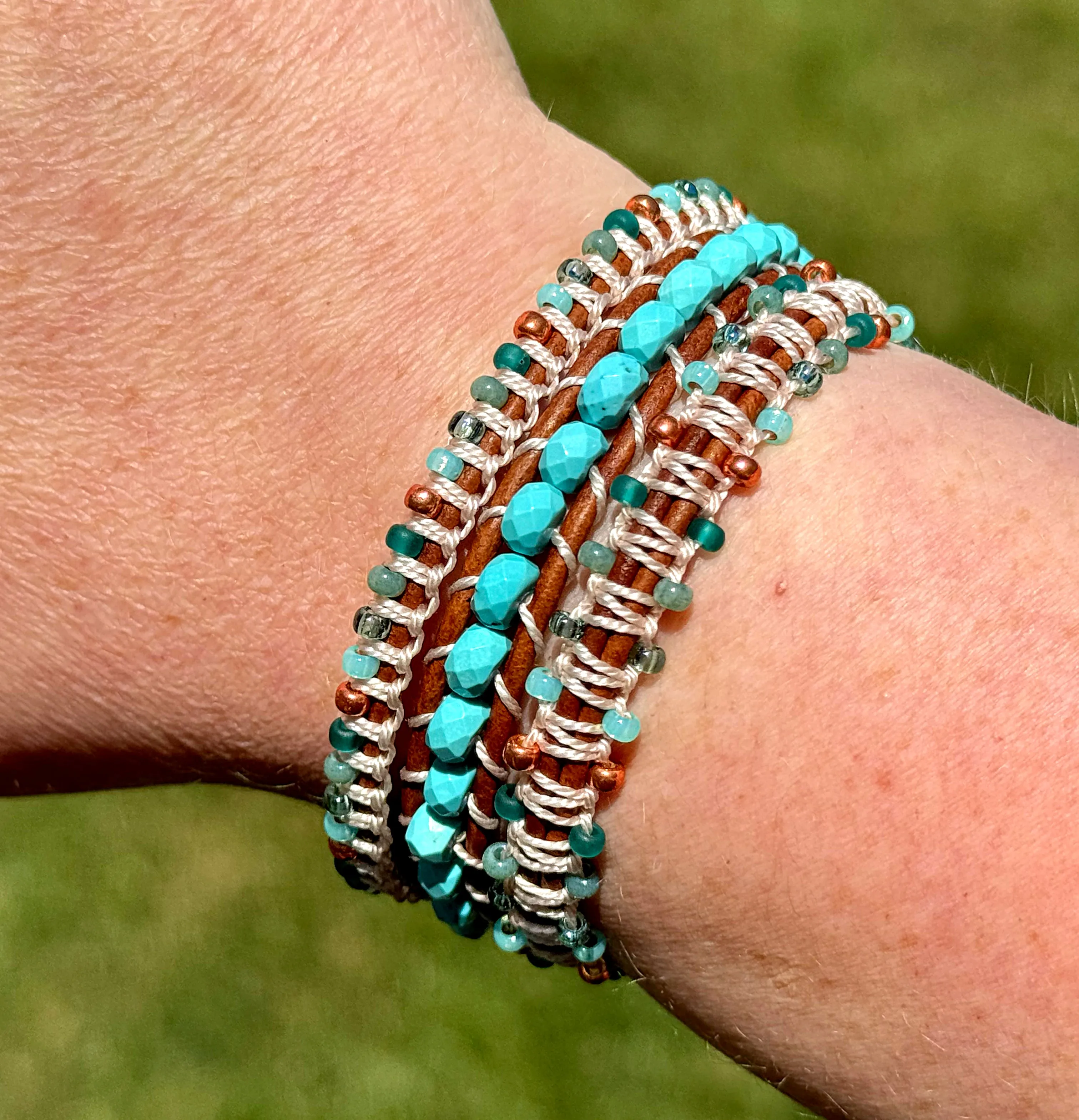 Turquoise Blues and Green Beaded Macrame and Leather Bracelet