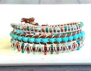 Turquoise Blues and Green Beaded Macrame and Leather Bracelet