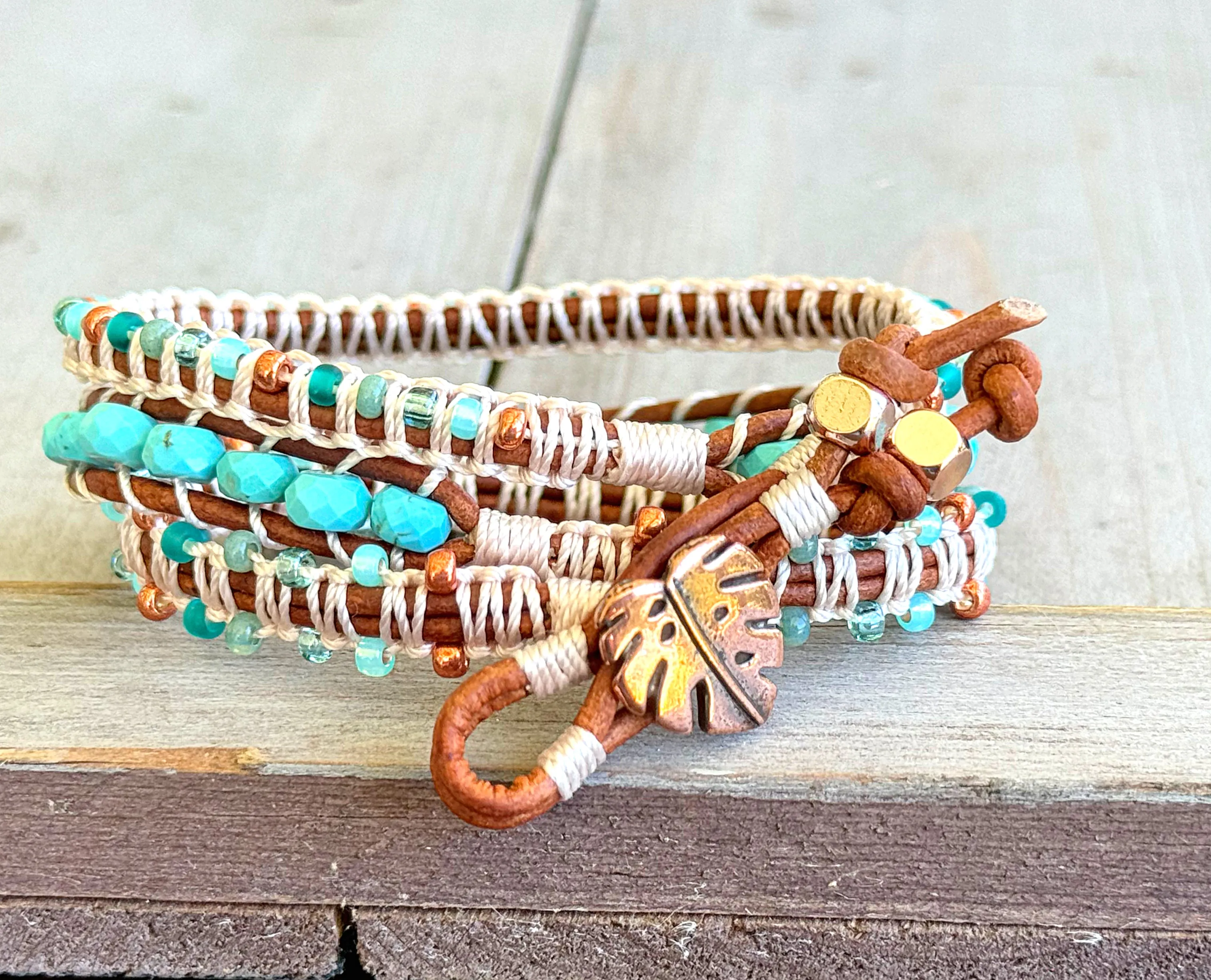 Turquoise Blues and Green Beaded Macrame and Leather Bracelet