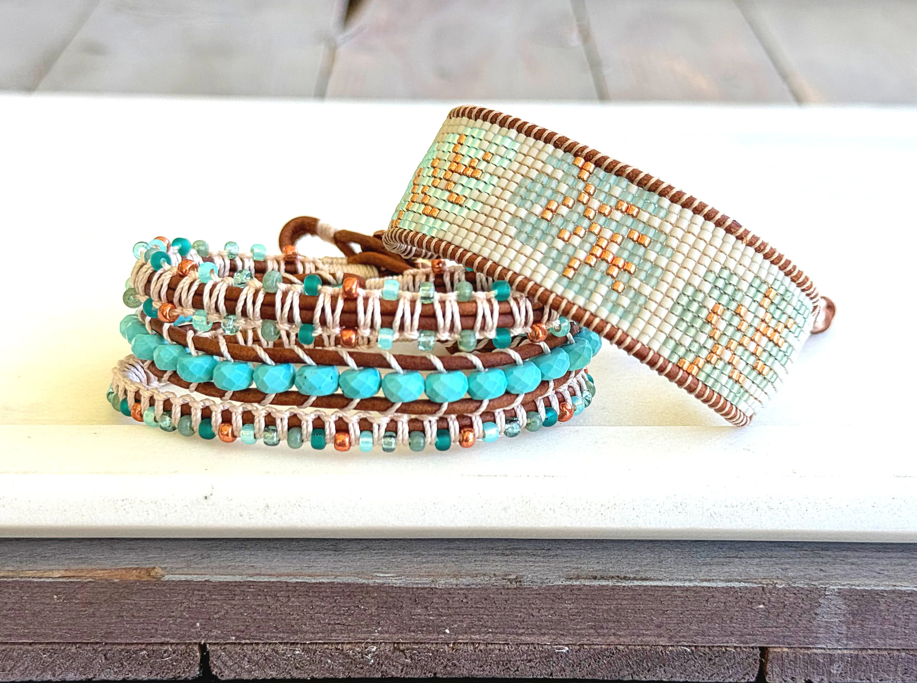 Turquoise Blues and Green Beaded Macrame and Leather Bracelet