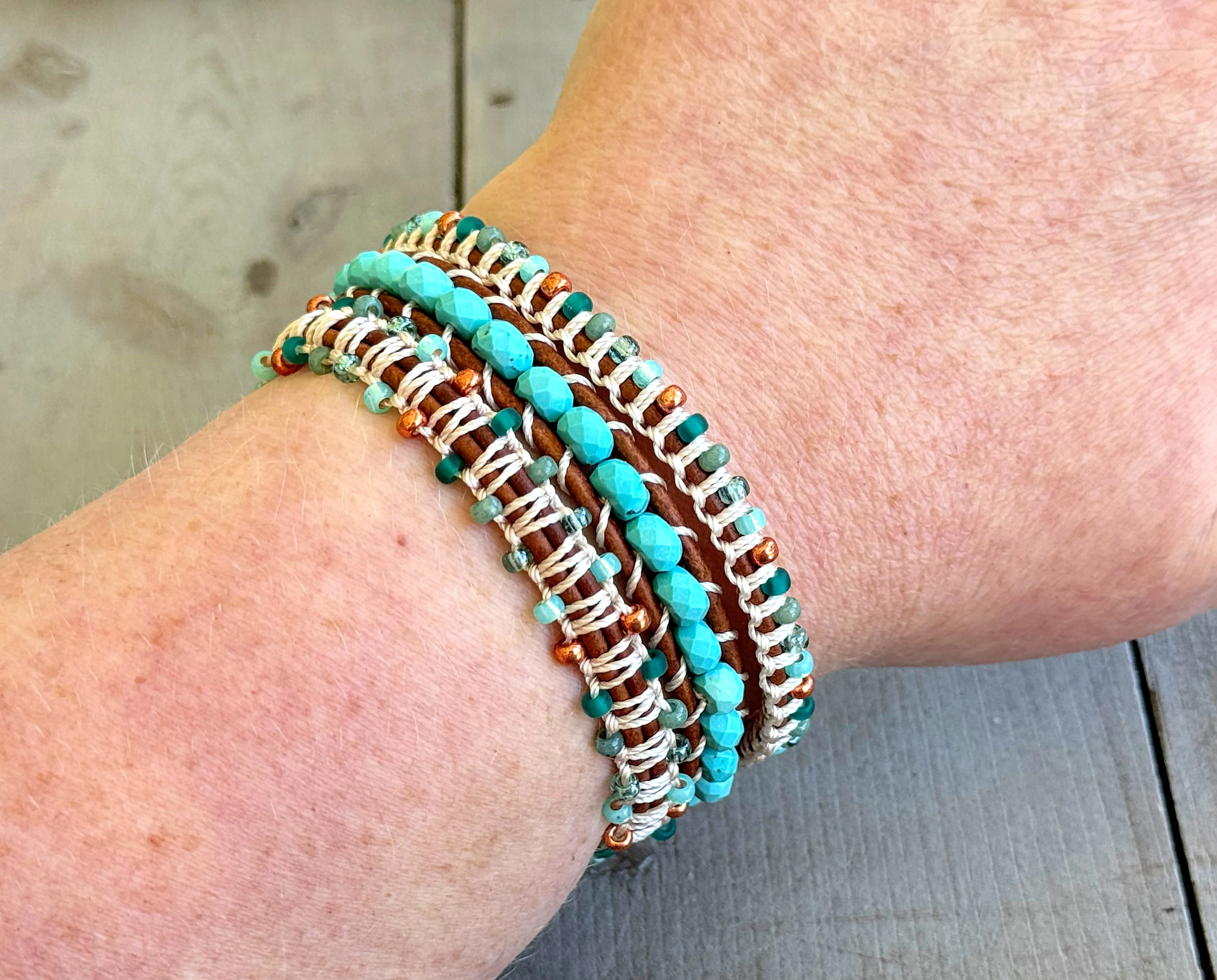 Turquoise Blues and Green Beaded Macrame and Leather Bracelet