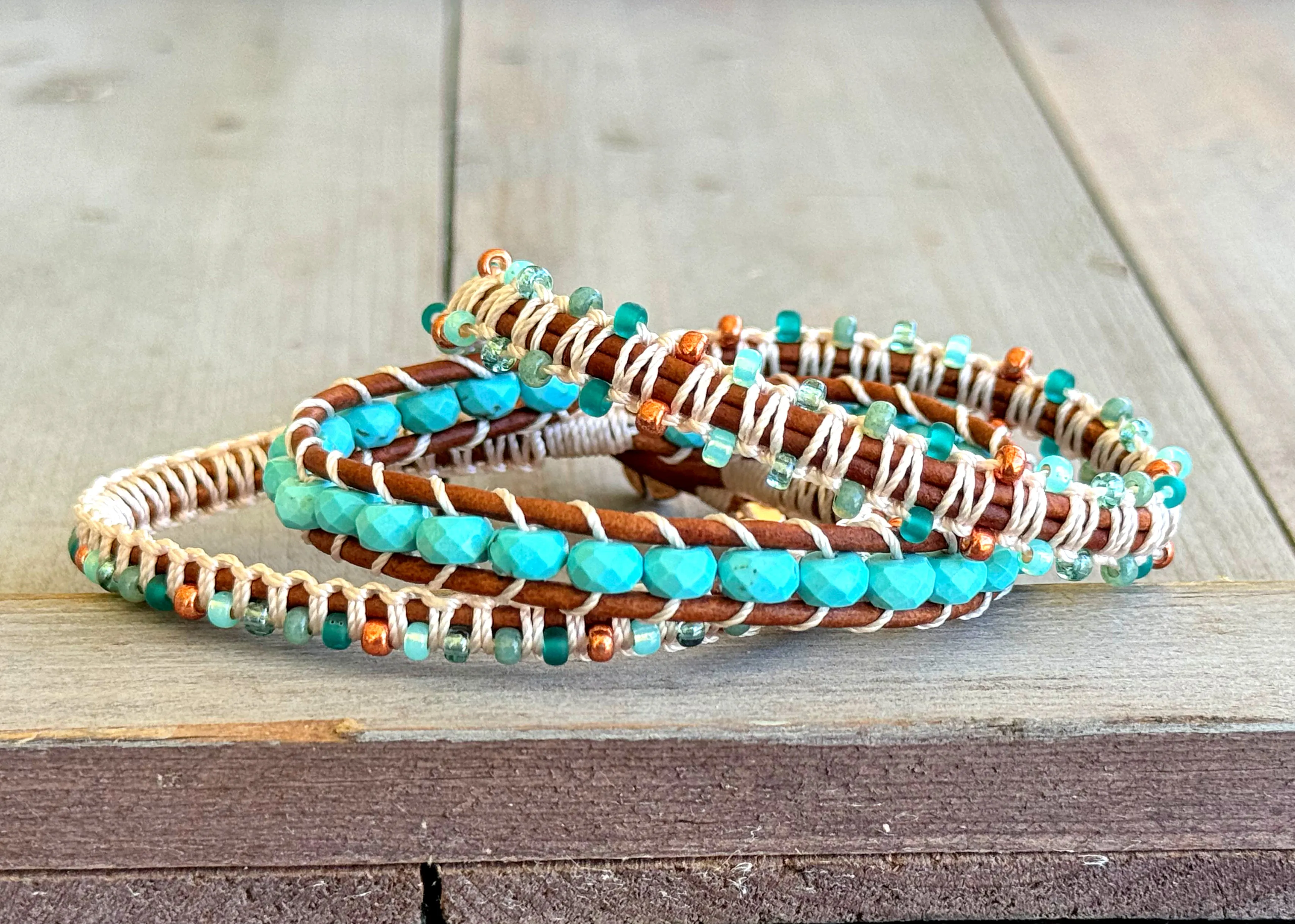 Turquoise Blues and Green Beaded Macrame and Leather Bracelet