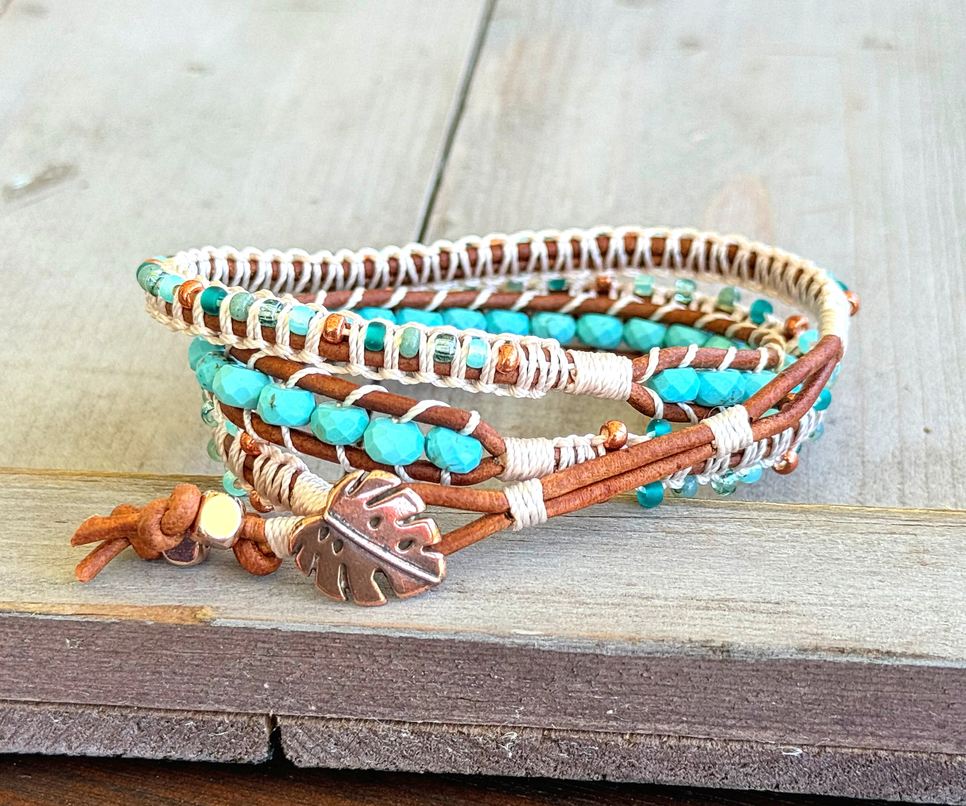 Turquoise Blues and Green Beaded Macrame and Leather Bracelet