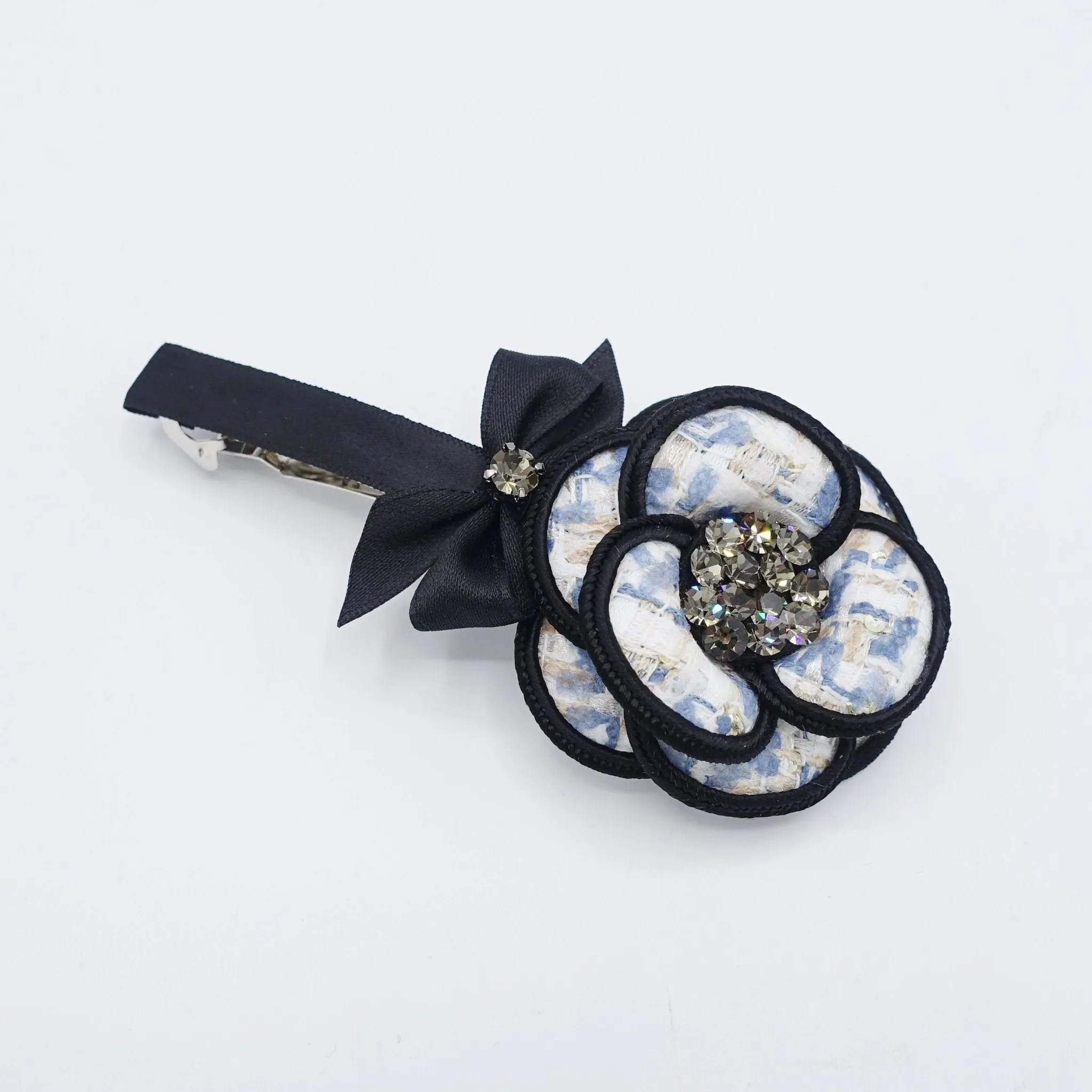 tweed camellia flower hair barrette small satin bow rhinestone embellished flower french barrette