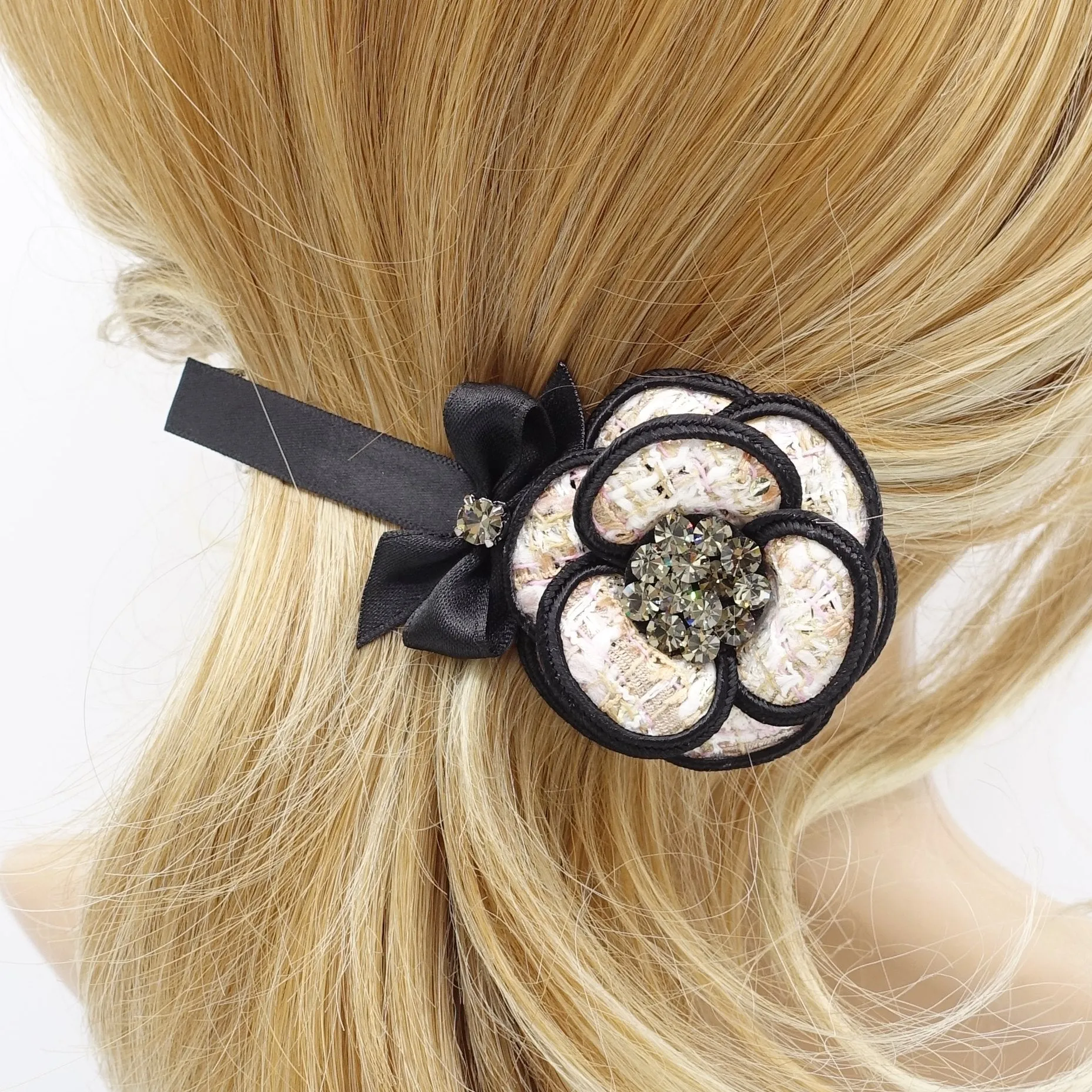 tweed camellia flower hair barrette small satin bow rhinestone embellished flower french barrette