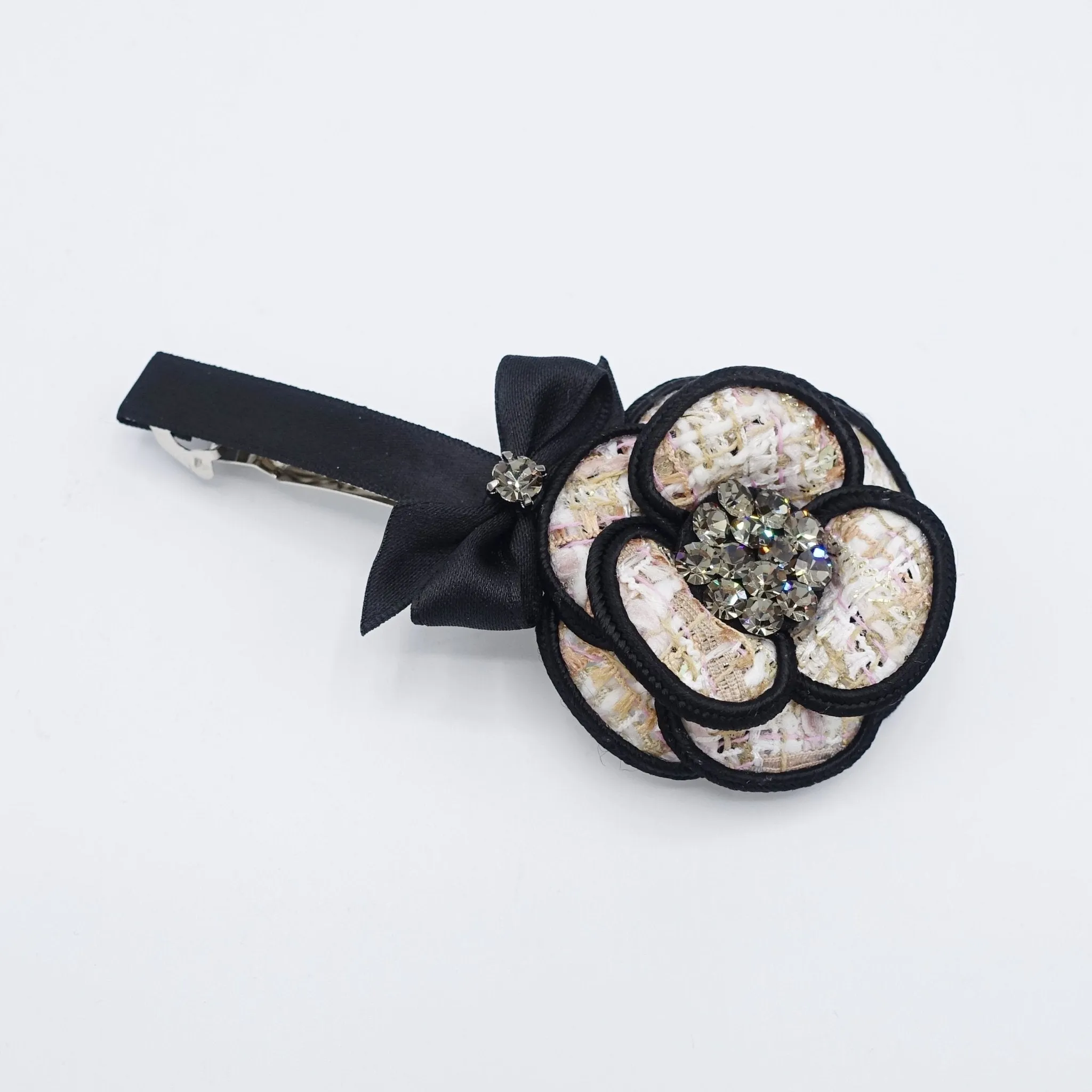 tweed camellia flower hair barrette small satin bow rhinestone embellished flower french barrette