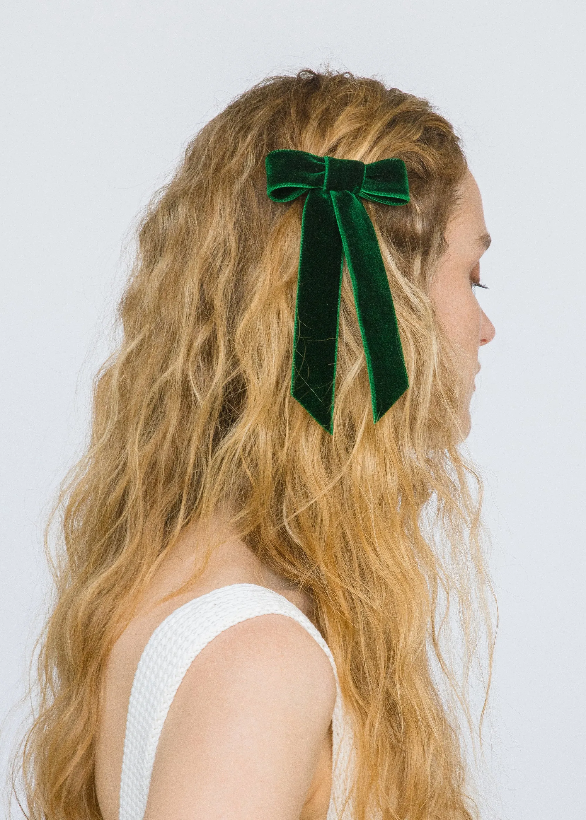 Velvet Bow Barrette -- Emerald