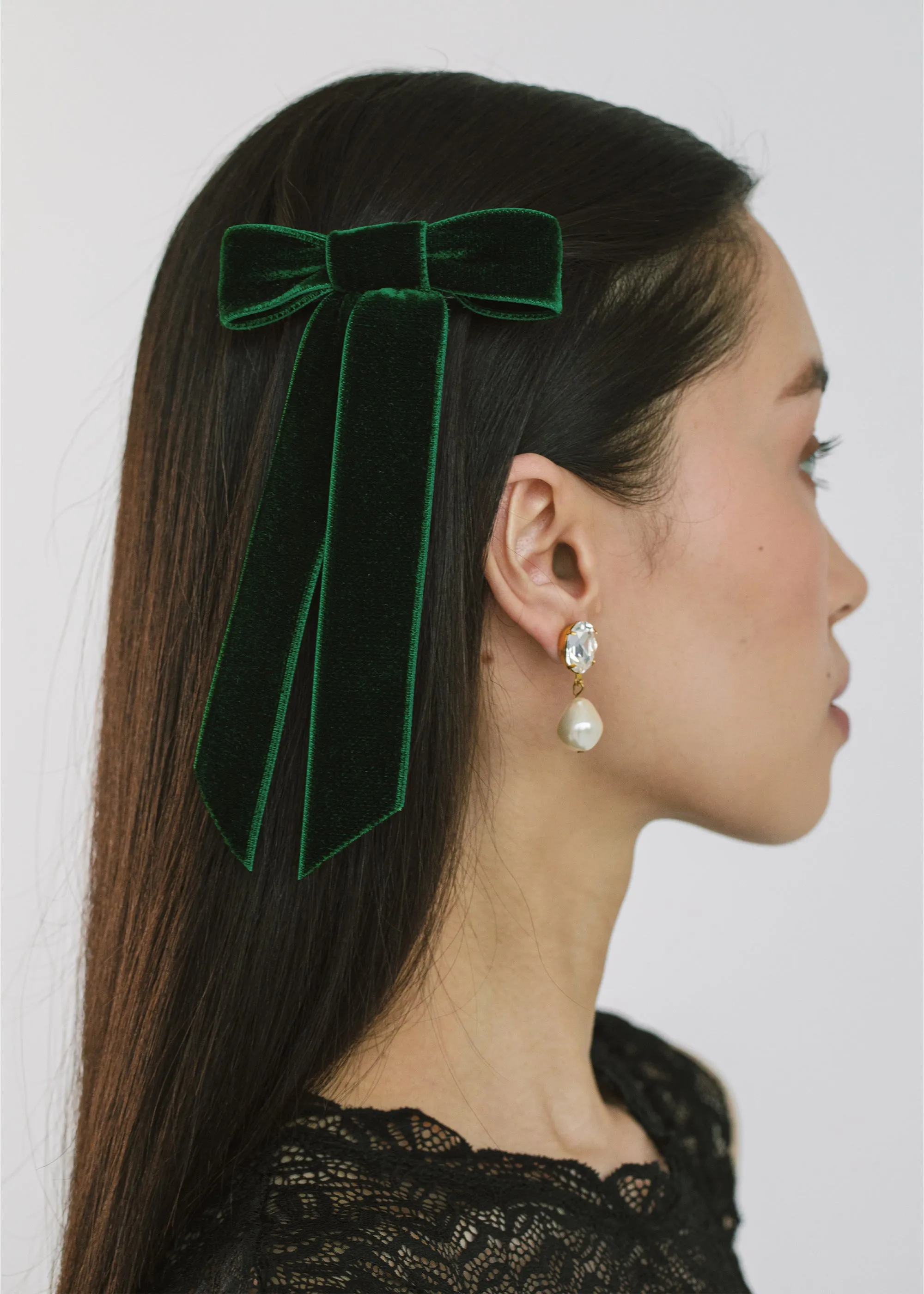 Velvet Bow Barrette -- Emerald