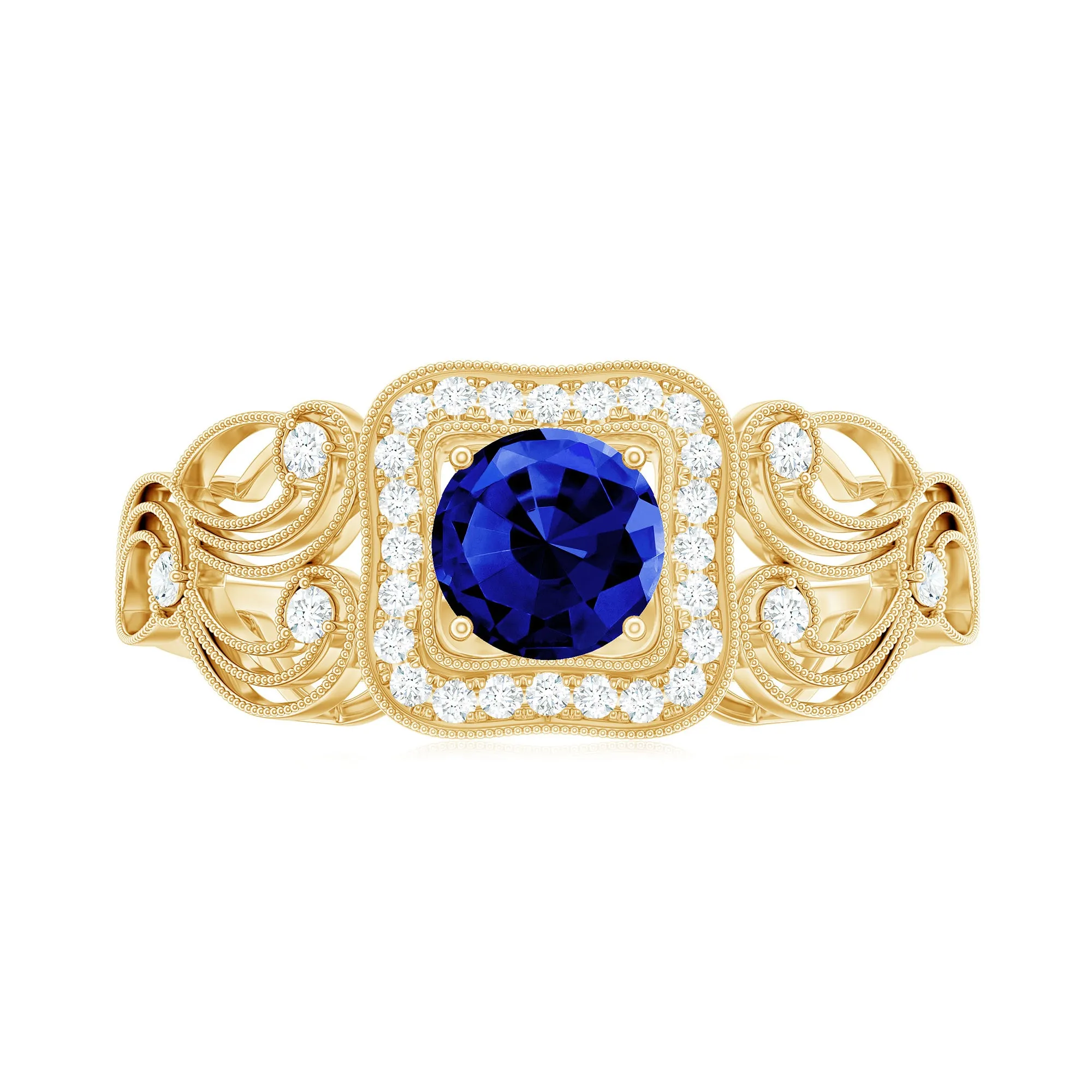 Vintage Created Blue Sapphire and Diamond Milgrain Engagement Ring