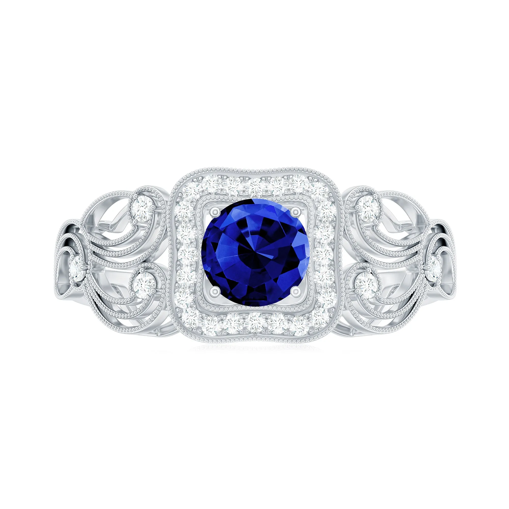 Vintage Created Blue Sapphire and Diamond Milgrain Engagement Ring