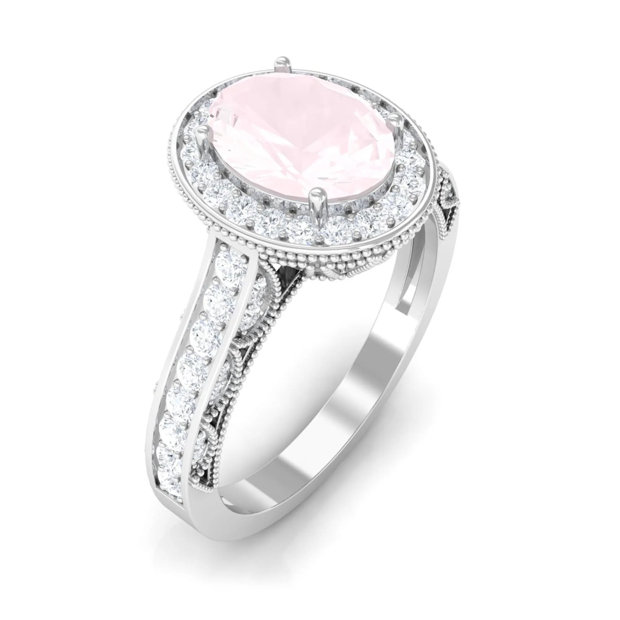 Vintage Inspired Oval Rose Quartz Halo Engagement Ring with Diamond