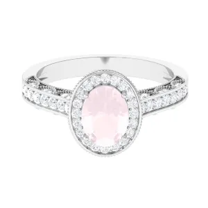 Vintage Inspired Oval Rose Quartz Halo Engagement Ring with Diamond