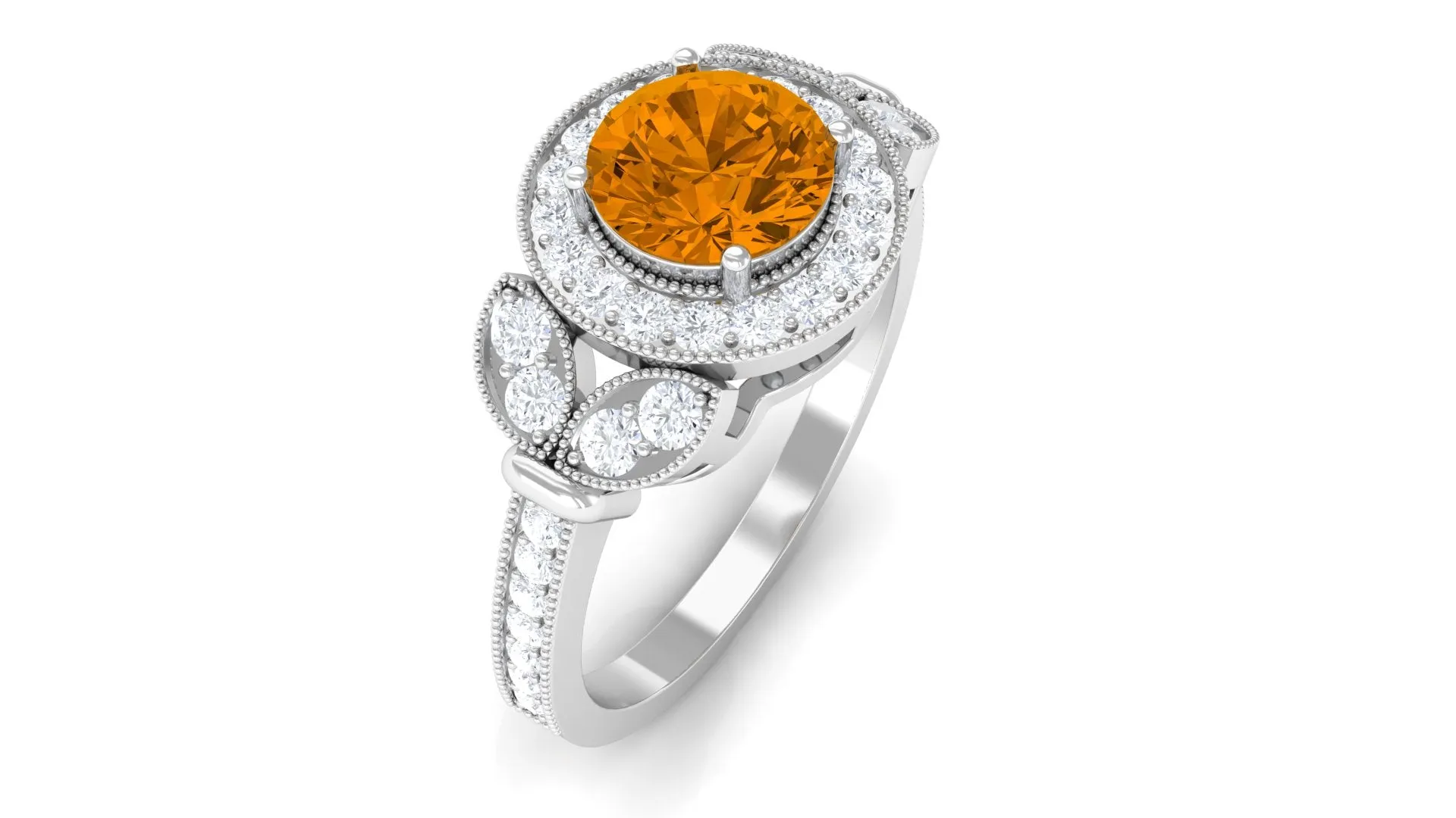 Vintage Inspired Real Citrine Engagement Ring with Diamond