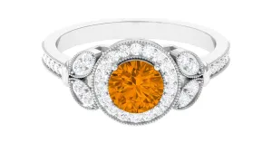 Vintage Inspired Real Citrine Engagement Ring with Diamond