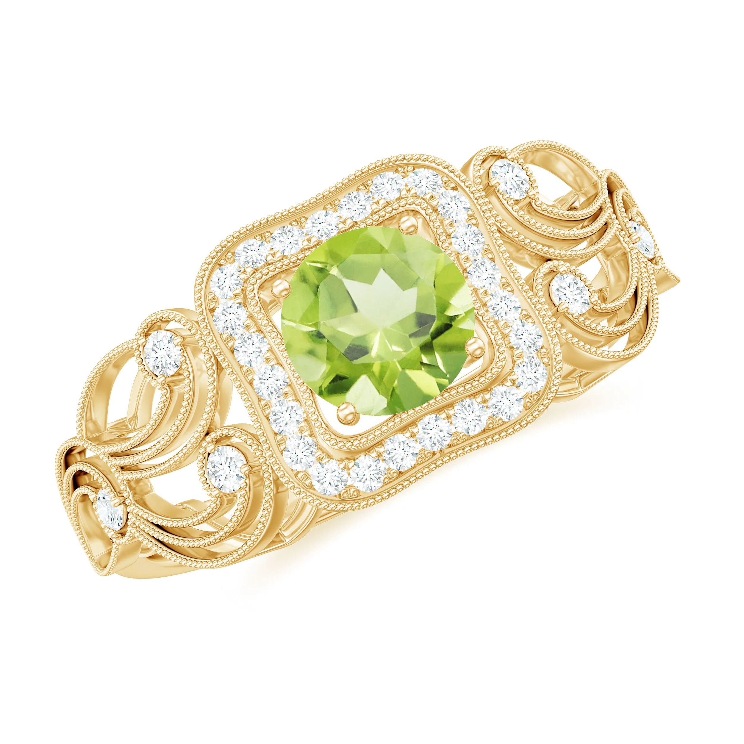 Vintage Peridot and Diamond Milgrain Engagement Ring