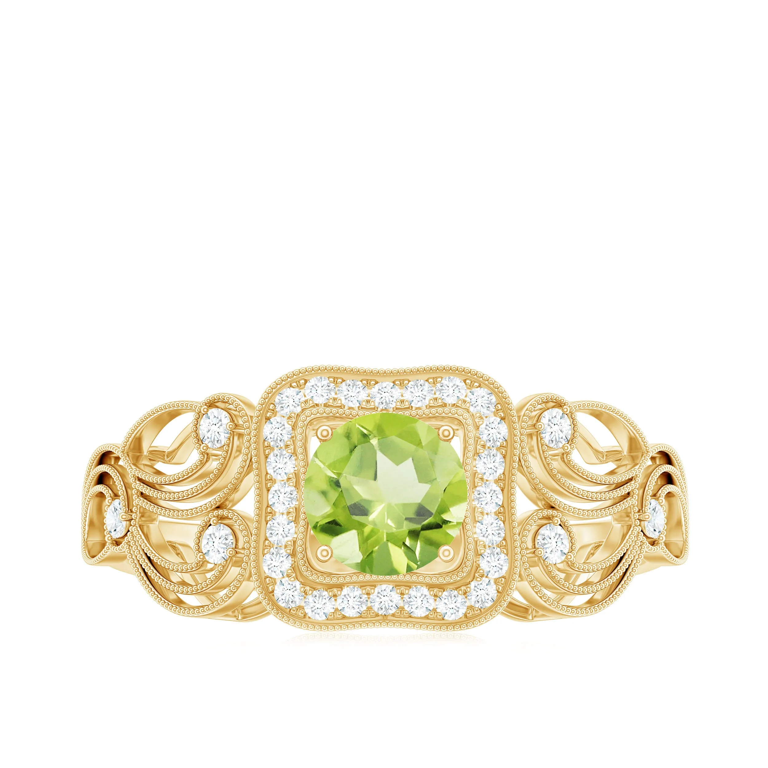 Vintage Peridot and Diamond Milgrain Engagement Ring