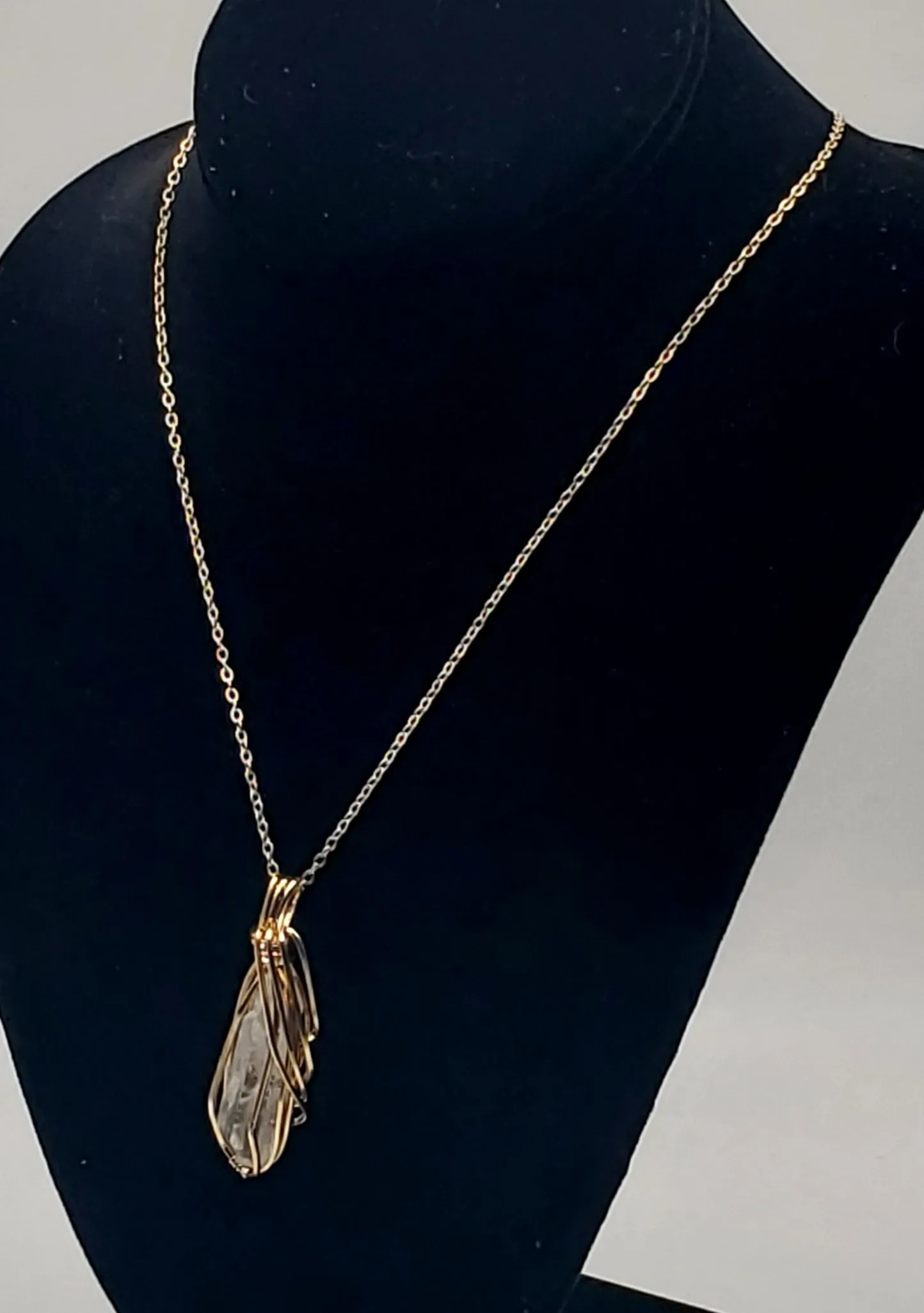 Vintage Wire Wrapped Quartz Crystal Point Pendant on Chain Necklace