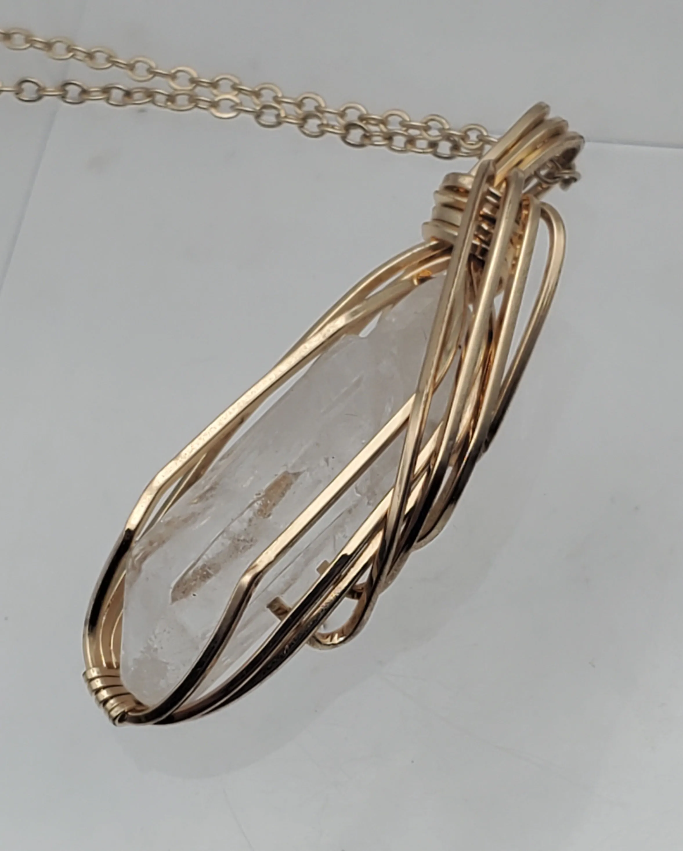 Vintage Wire Wrapped Quartz Crystal Point Pendant on Chain Necklace