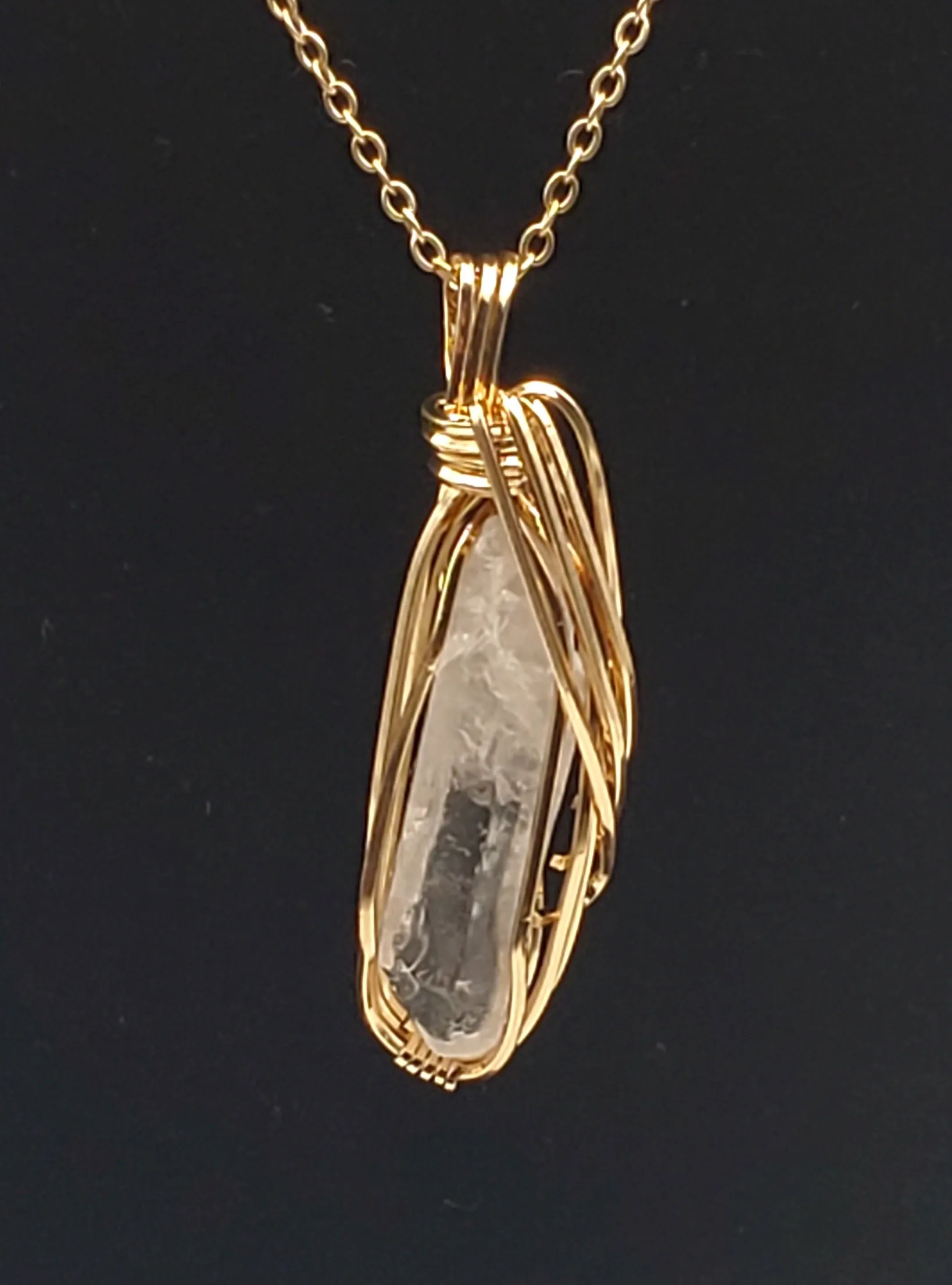 Vintage Wire Wrapped Quartz Crystal Point Pendant on Chain Necklace