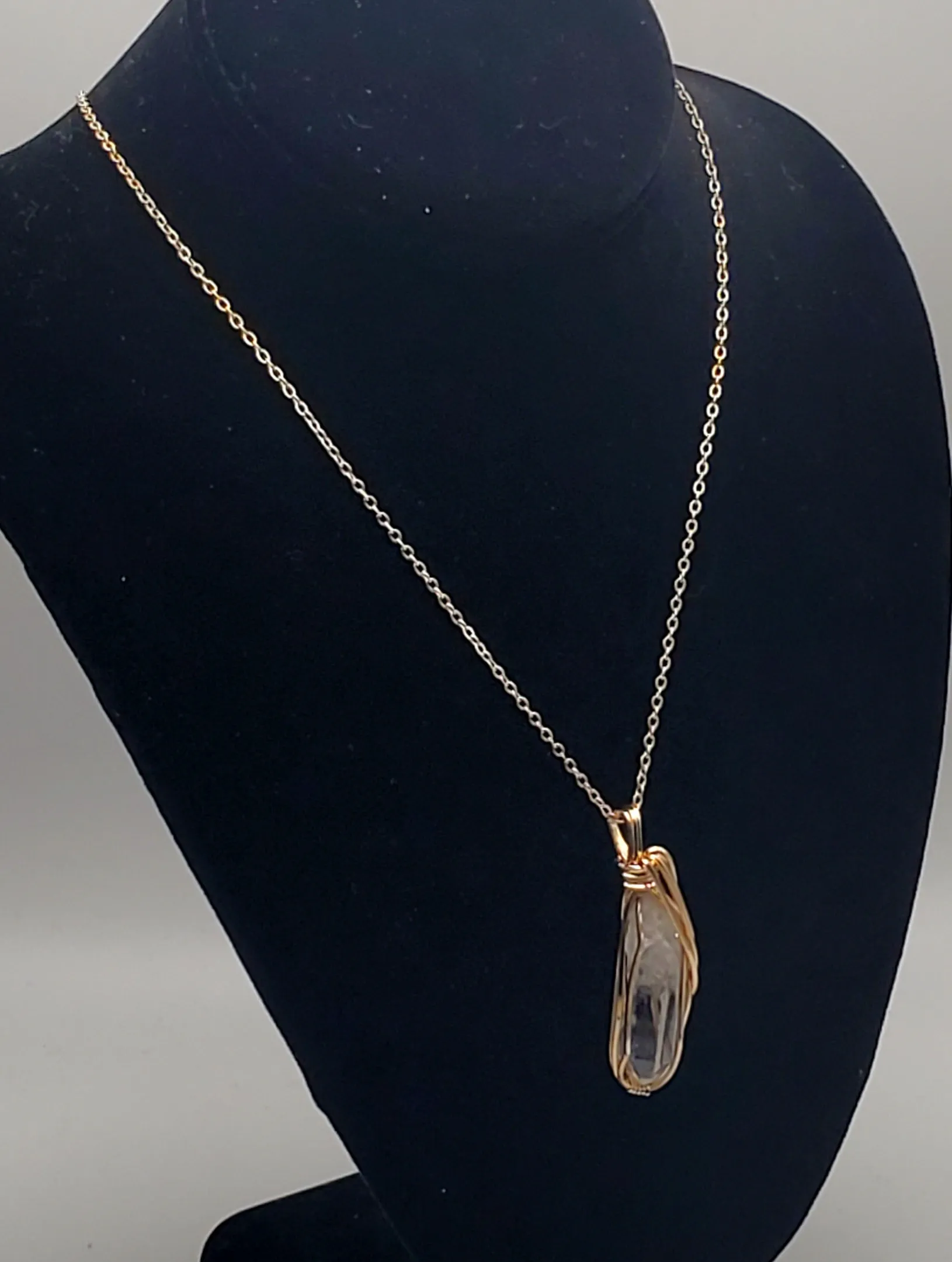 Vintage Wire Wrapped Quartz Crystal Point Pendant on Chain Necklace