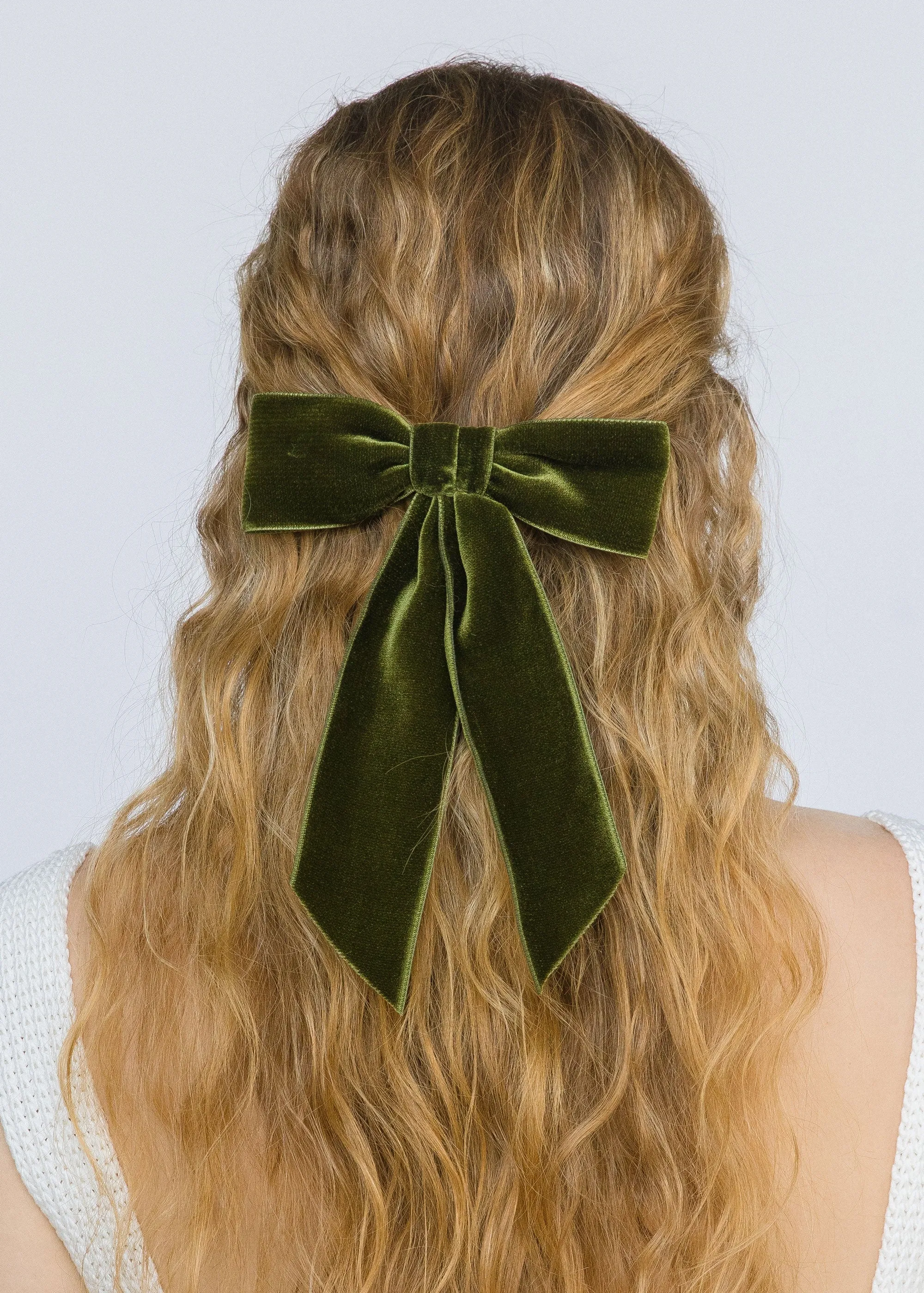 Wide Velvet Bow Barrette -- Moss