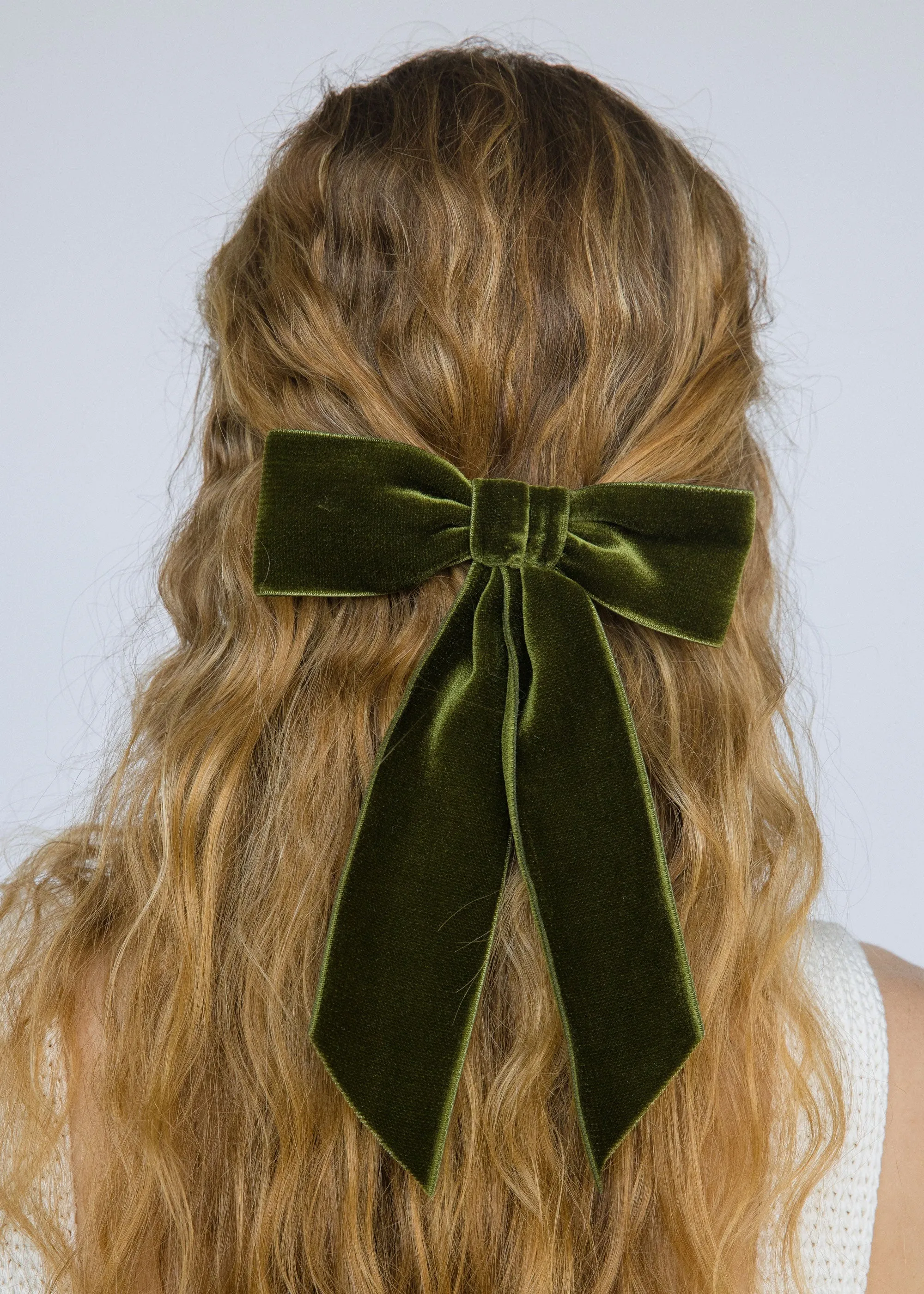 Wide Velvet Bow Barrette -- Moss